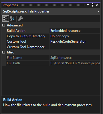 Property settings for the resource file